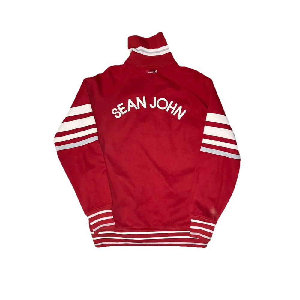 Vtg Sean John Red And White Embroidered‎ Logo Heavy Knit Zip Up Sweater Men Sz L